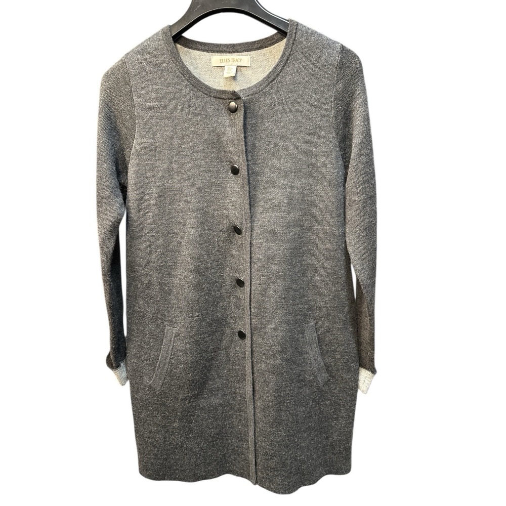 Ellen Tracy Cardigan Sweater Women's Size S Gray Snap Button Pockets 50% Wool